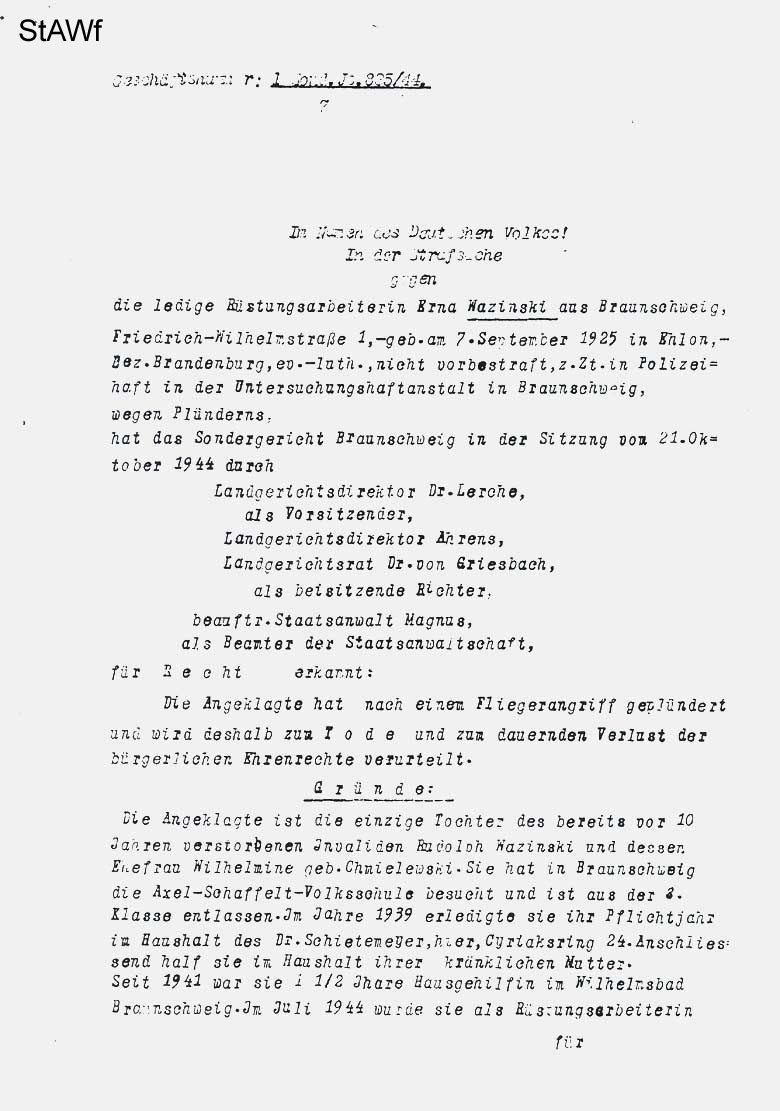 Q: Niedersächsisches Staatsarchiv Wolfenbüttel 42 B Neu Fb. 7, Nr. 1599, Bd. 2, Bl 9+10. Aus: Knauer, Nationalsozialistische Justiz und Todesstrafe, S.85-87.