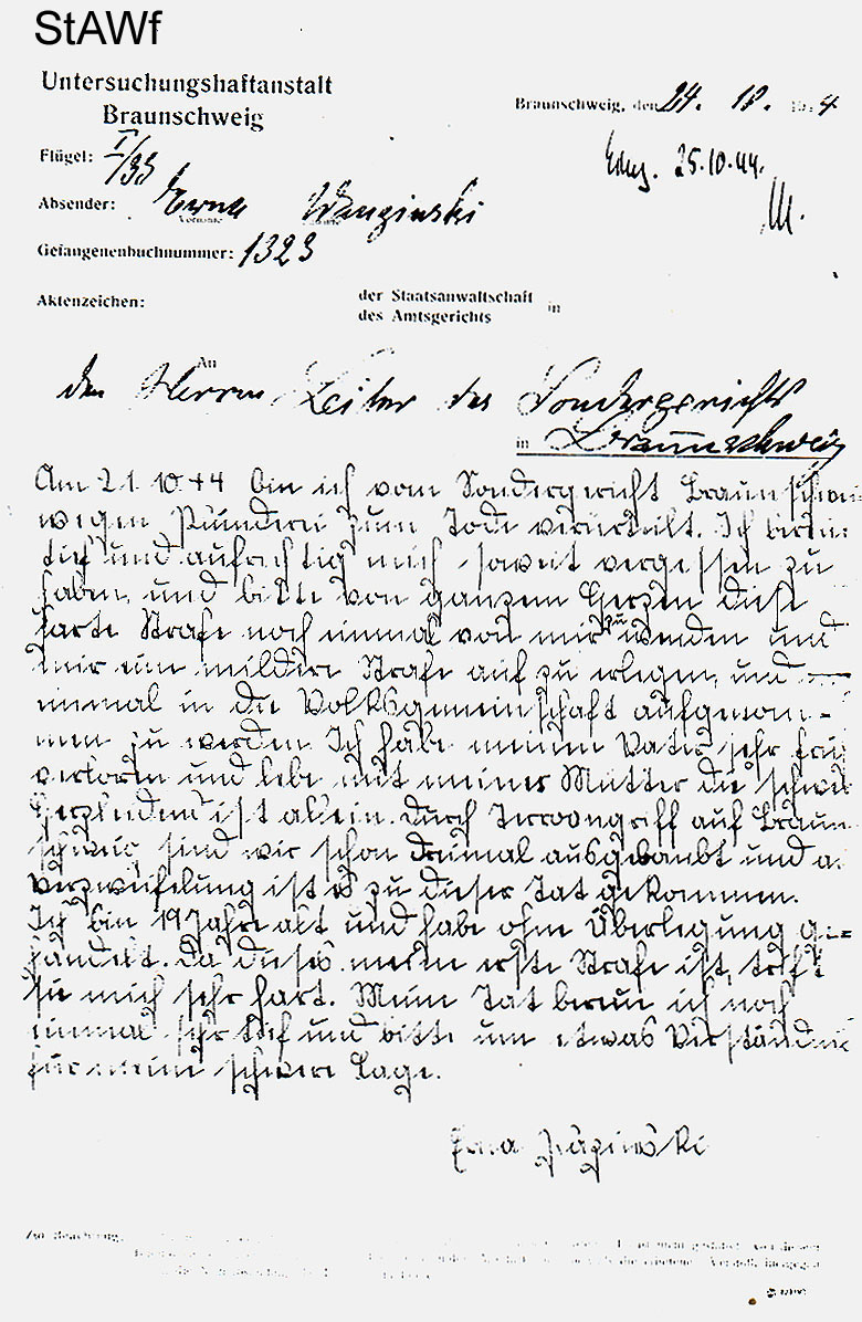 Q: Niedersächsiches Staatsarchiv Wolfenbüttel 42 B Neu Fb. 7 Nr. 1599, Bd. 1.  Aus: Knauer, Nationalsozialistische Justiz und Todesstrafe, S. 88.