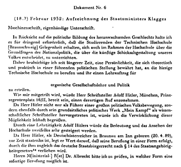 Q: Berlin Document Center, NSDAP-Hauptarchiv Nr. 5/6. Aus: Morsey, Hitler als Braunschweigischer Regierungsrat, S.431